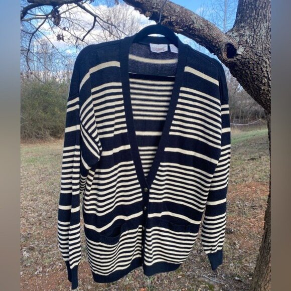 Vintage Country Suburbans Striped Cardigan Sweater Black & Cream Size Large - Picture 2 of 4